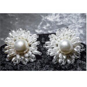 PRETTY Vintage Faux Pearl and Clear Beads Cluster Style Earrings CLIP ON